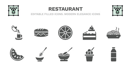 set of restaurant filled icons. restaurant glyph icons such as long sandwich, half lemon, cake piece with cream, plate of spaghetti, watermellon slice, watermellon slice, manual mixer, appetizers