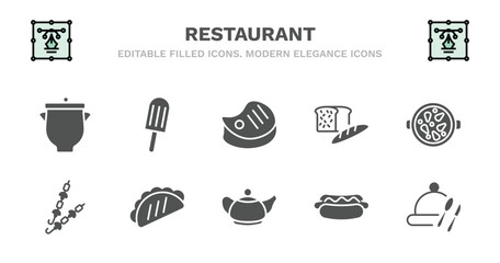 set of restaurant filled icons. restaurant glyph icons such as ice pop, beef chop, load of bread, paella with parwns, two brochettes, two brochettes, mexican food, vintage teapot, hot dog with