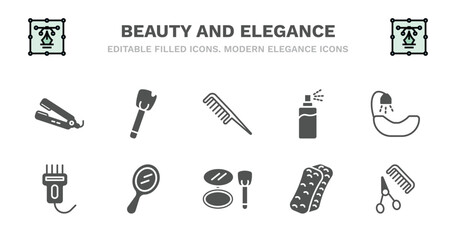 set of beauty and elegance filled icons. beauty and elegance glyph icons such as inclined makeup brush, inclined comb, hair spray, hair washer sink, hair clipper, clipper, hand mirror, blush, bath
