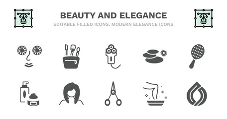 set of beauty and elegance filled icons. beauty and elegance glyph icons such as little makeup box, electric shaver, three stones, inclined hairbrush, skincare, skincare, woman face, manicure