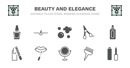 set of beauty and elegance filled icons. beauty and elegance glyph icons such as hair, foam, hair scissors, inclined bottle, nail file, nail file, lip gloss, makeup mirror, tint brush, eyeliner