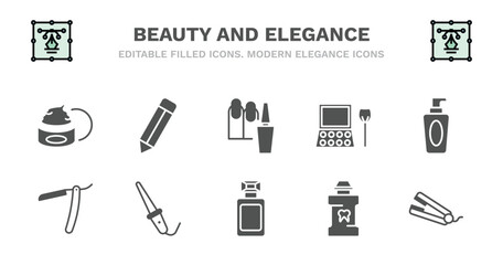 set of beauty and elegance filled icons. beauty and elegance glyph icons such as pencils, manicure, eye shadow, liquid makeup, straight razor, straight razor, curlers, french perfume, mouthwash,