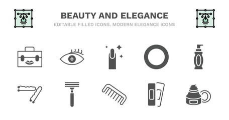 set of beauty and elegance filled icons. beauty and elegance glyph icons such as woman eye, finger with nail, 1642645100876100-28.eps,,,,,, face cleanser, bobby pins, bobby pins, razor, comb,