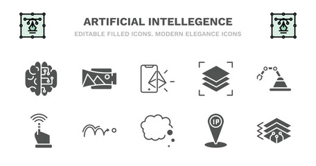 set of artificial intellegence filled icons. artificial intellegence glyph icons such as panorama, ar, layers, mechanical arm, finger control, finger control, motion, thought, ip, depth perception