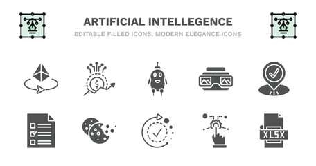 set of artificial intellegence filled icons. artificial intellegence glyph icons such as value, robot, stereoscope, visit, survey, survey, cookies, availability, control, xlsx vector.