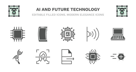 set of ai and future technology filled icons. ai and future technology glyph icons such as mobile flexible display, ai grid, infrared, laptop, genetic modification, genetic modification, face