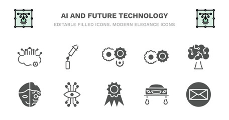 set of ai and future technology filled icons. ai and future technology glyph icons such as bionic arm, processing, hine, technology tree, cyborg, cyborg, bionic eye, recognition, hover transport,