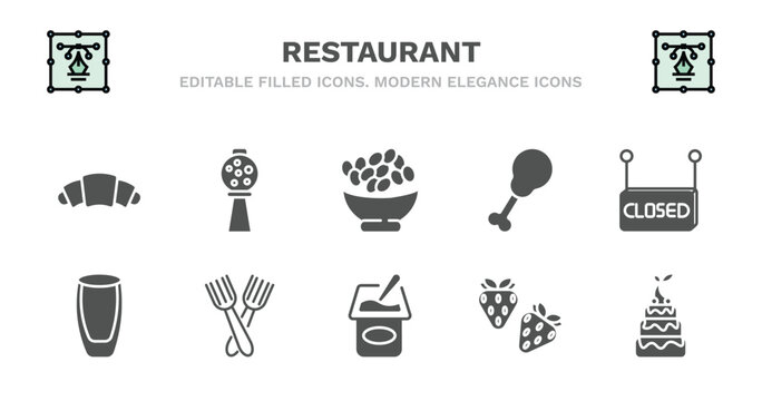 set of restaurant filled icons. restaurant glyph icons such as candy balls, bowl of olives, fried chicken thighs, closed, wide glass, wide glass, salad fork, yogurt with spoon, strawberry drawing,