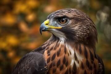 Beautiful brown tailed hawk in profile, gazing into the horizon. Close up of a hawk's eye, head, gorgeous feather detail, and dazzling yellow eyes. Generative AI