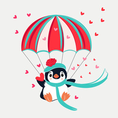 Cute vector cartoon penguin animal with red hearts, flying on parachute