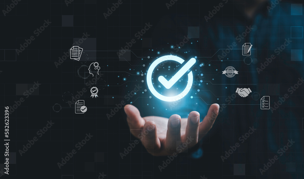 Poster Businessman holding correct sign mark with quality item include document hand shake guarantee icon for project business approve and quality assurance ISO concept.