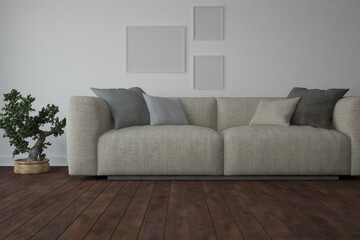 modern room with sofa,pillows,plant in pot interior design. 3D illustration
