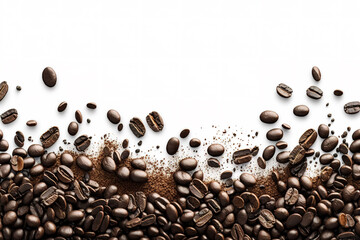 Obraz premium Roasted coffee beans on white background with copy space. Created with Generative AI Technology