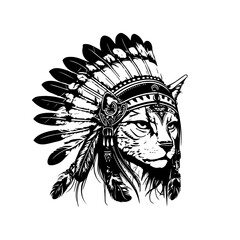 cat wearing indian chief head accessories collection set hand drawn illustration