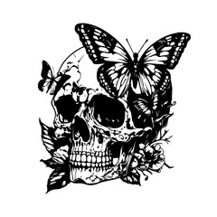 skull head and butterfly line art hand drawn illustration