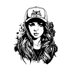 Chicano girl wearing hat in black and white, rendered in intricate Hand drawn line art illustration