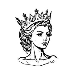 beautiful Princes wearing crown in black and white, rendered in intricate Hand drawn line art illustration