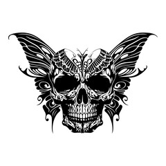 skull in butterfly body black and white lineart hand drawn illustration 