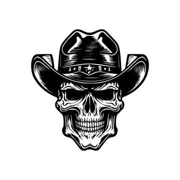 smile skull wearing cowboy hat hand drawn illustration