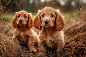 American Cocker Spaniel puppies with adorable muzzles in the grass. Generative AI