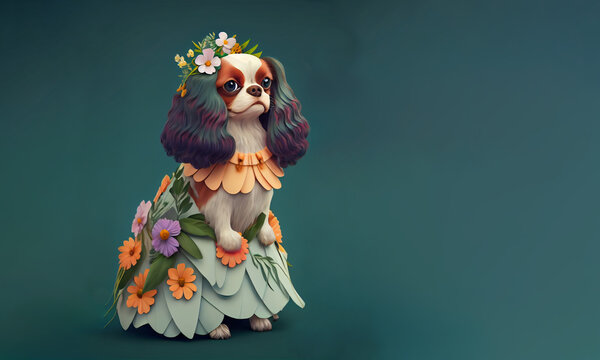 Cavalier king charles spaniel dog, dog animal wear spring easter dress fashion generative ai