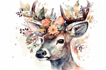 Deer and blossoms. Deer that have been lovingly drawn. Illustration in watercolor. Generative AI