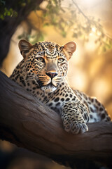Fototapeta na wymiar Leopard Resting on Tree Branch in Natural Habitat, National Geographic Wildlife Photography, Generative AI