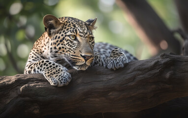 Leopard Resting on Tree Branch in Natural Habitat, National Geographic Wildlife Photography, Generative AI