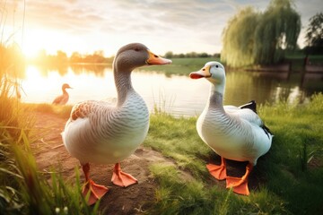 Obraz premium ducks by the lake. Generative AI