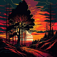 Stunning Dramatic Landscape Painting , Sunset, realism, stylized