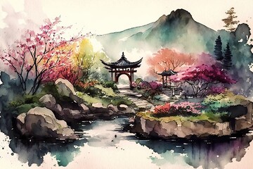 japanese landscape in watercolor with a fairy garden, ink landscape painting created digitally Generative AI - obrazy, fototapety, plakaty