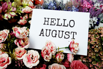 Hello August text message on paper card with beautiful flowers decoration