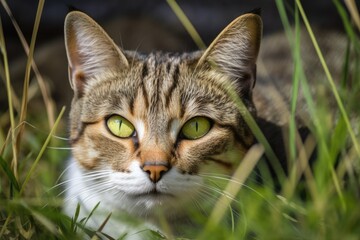 Fototapeta premium Cat lying in the grass. Generative AI