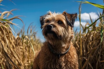 A dog in a ricefield with a blue sky in the background. Generative AI