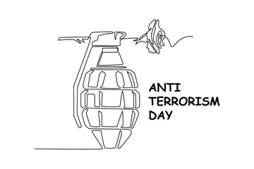 Single one-line drawing grenades with flowers on it. Anti-terrorism day concept continuous line draw design graphic vector illustration