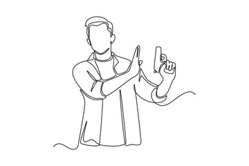 Single one-line drawing of a man showing a stop at a gun. Anti-terrorism day concept continuous line draw design graphic vector illustration