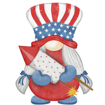 4th of july american independence gnome with rocket Digital painting watercolor