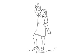 Fototapeta na wymiar Continuous one-line drawing of a woman holding up a 70s vinyl record. 70s style concept single line draws design graphic vector illustration