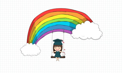 Girl graduated pupils swinging on a rainbow, drawing by hand vector