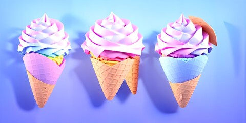 Photo of three colorful ice cream cones arranged in a row
