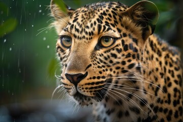 Fototapeta na wymiar Close up of a juvenile, stunning leopard in a wet jungle. Generative AI