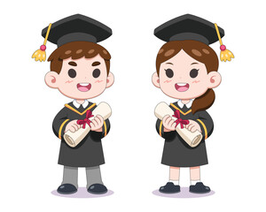 Cute style happy children in academic graduation gowns cartoon illustration