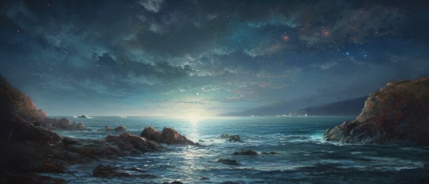 Rocky shore seascape with unspoiled sandy beach, quiet calm late night milky way stars sky and clouds, gentle ocean waves, illuminated by the moon, panoramic widescreen view - generative AI