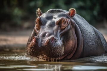 The common hippopotamus, also known as the hippo, is one of only two extant species of the family Hippopotamidae and is a big, primarily herbivorous mammal found in sub Saharan Africa. Generative AI - obrazy, fototapety, plakaty