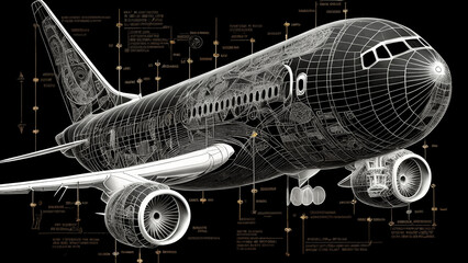 illustration of airplane drawing, Airplane sketch, hand-drawn plane drawing on a black background