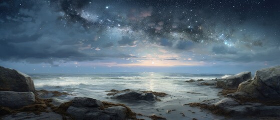 Rocky shore seascape with unspoiled sandy beach, quiet calm late night milky way stars sky and clouds, gentle ocean waves, illuminated by the moon, panoramic widescreen view - generative AI
