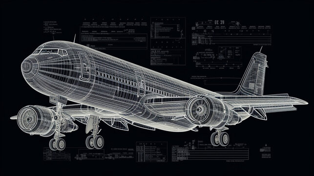Airplane design drawing, Airplane sketch, hand-drawn plane drawing on a black background, lines illustration