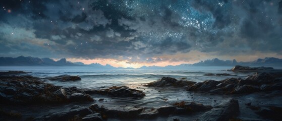 Fototapeta na wymiar Rocky shore seascape with unspoiled sandy beach, quiet calm golden hour sunset dusk sky and clouds, gentle ocean waves, fading sun, panoramic widescreen view - generative AI