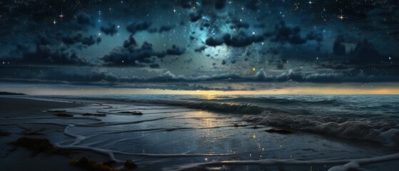 Fototapeta na wymiar Rocky shore seascape with unspoiled sandy beach, quiet calm late night milky way stars sky and clouds, gentle ocean waves, illuminated by the moon, panoramic widescreen view - generative AI