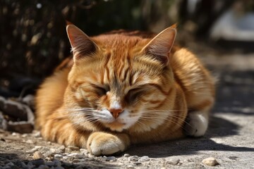 Naklejka na ściany i meble A large and powerful male Norwegian woodland cat sleeping in shade on a pavement. Generative AI
